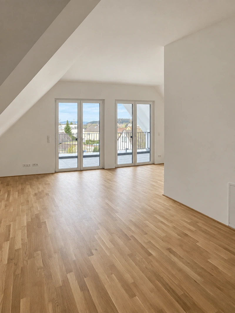 Wohnbereich im Dachgeschoss mit Zugang zum Balkon