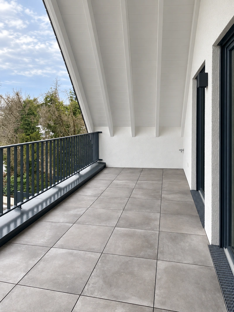 Überdachter Balkon mit Blick ins Grüne