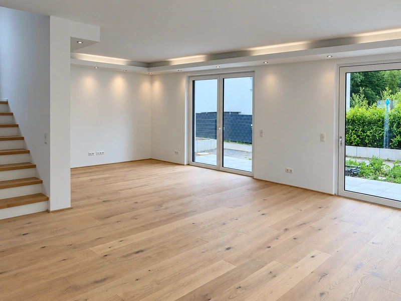 Wohnbereich mit offener Treppe und Zugang zur Terrasse