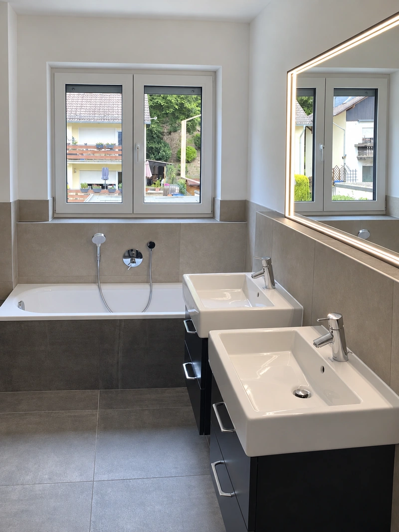 Tageslichtbad mit Doppelwaschtisch und Badewanne